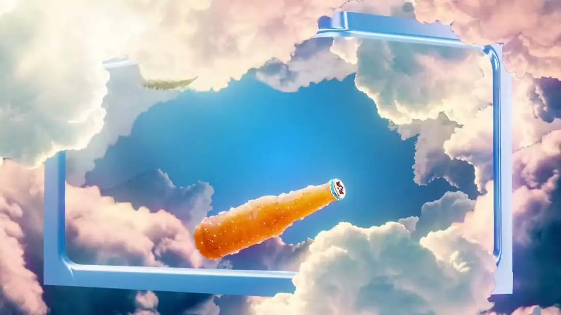Botella entre nubes dentro de un marco 3D